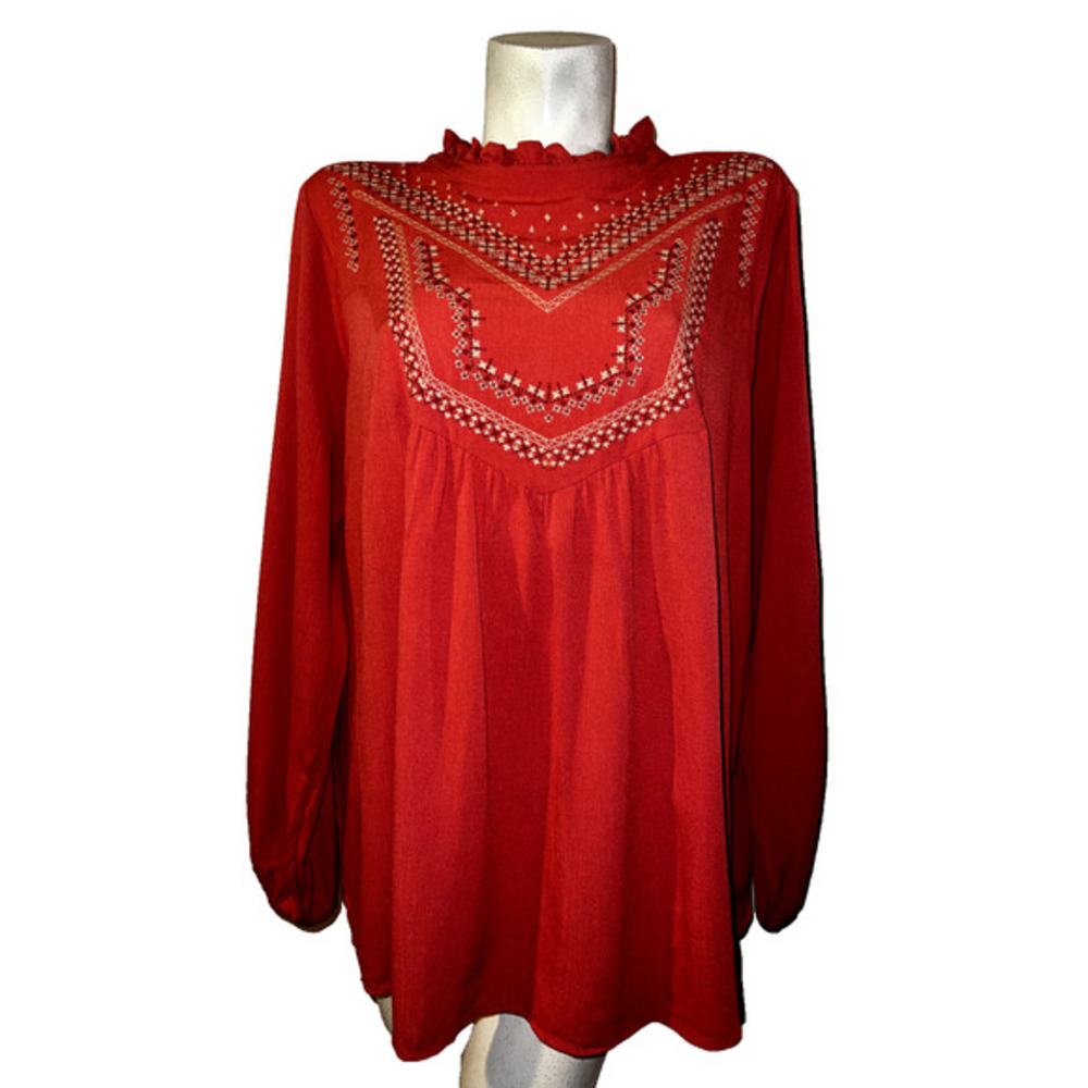 TORRID Top 2X (2) Baked‎ Apple Washable Crinkle Gauze Relaxed Embroidered Blouse
